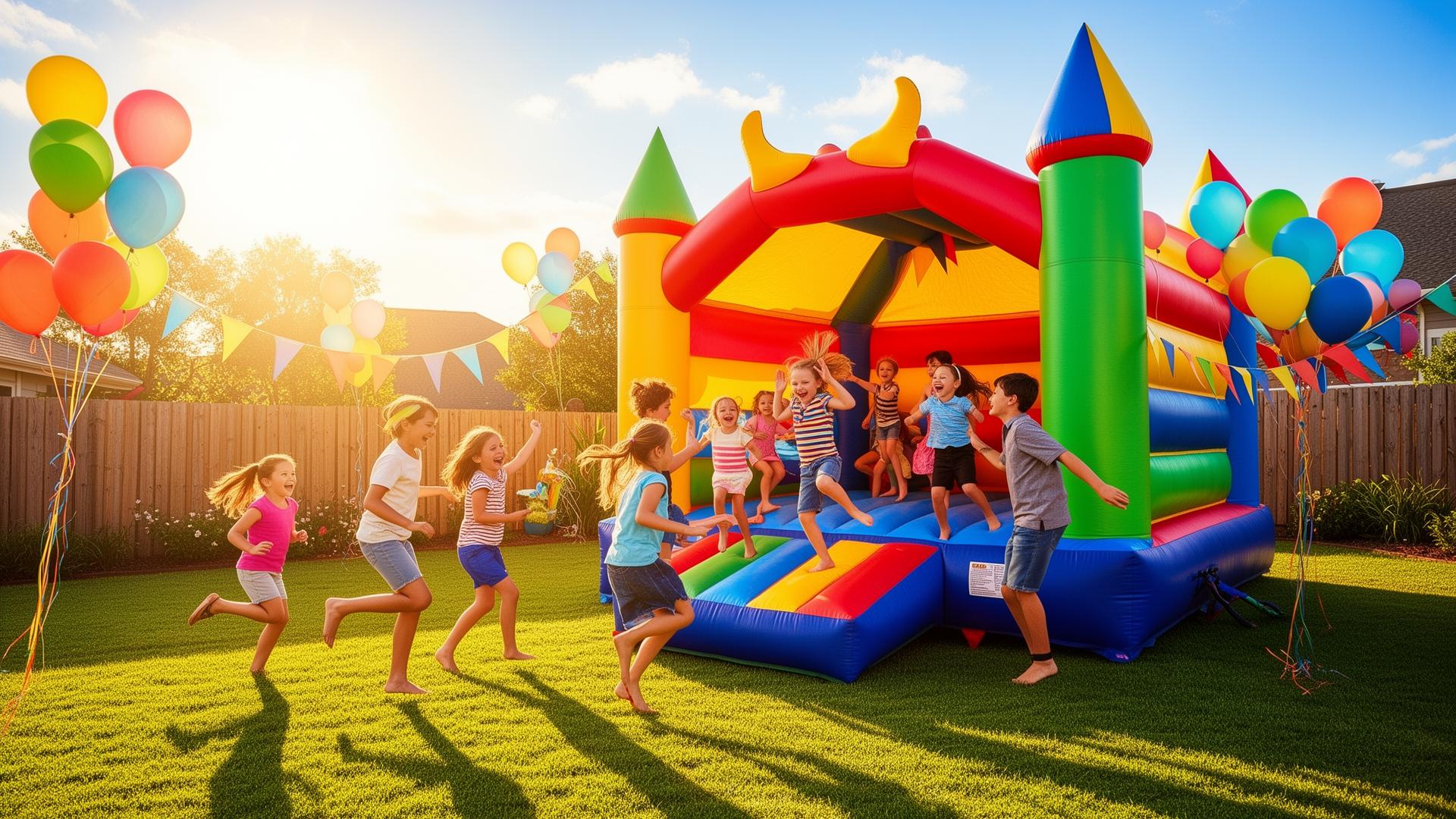 Kids jumping in a colorful bounce castle at a backyard birthday party